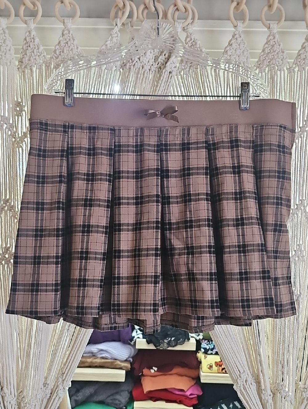 Brown Plaid Pleated Mini Skirt with Bow